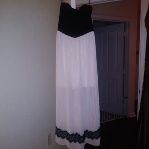 Strapless maxi dress, sheer white with black lace